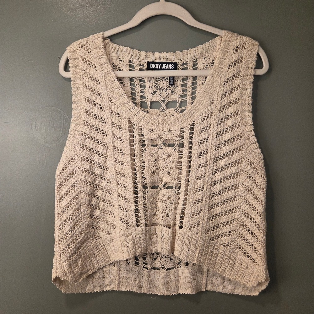 DKNY Women's Crochet Scoop Neck Top Open Knit Boho Cream Size M
